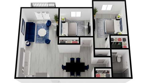 Floor plan for 2 beds, 1 bath, 908 sqft